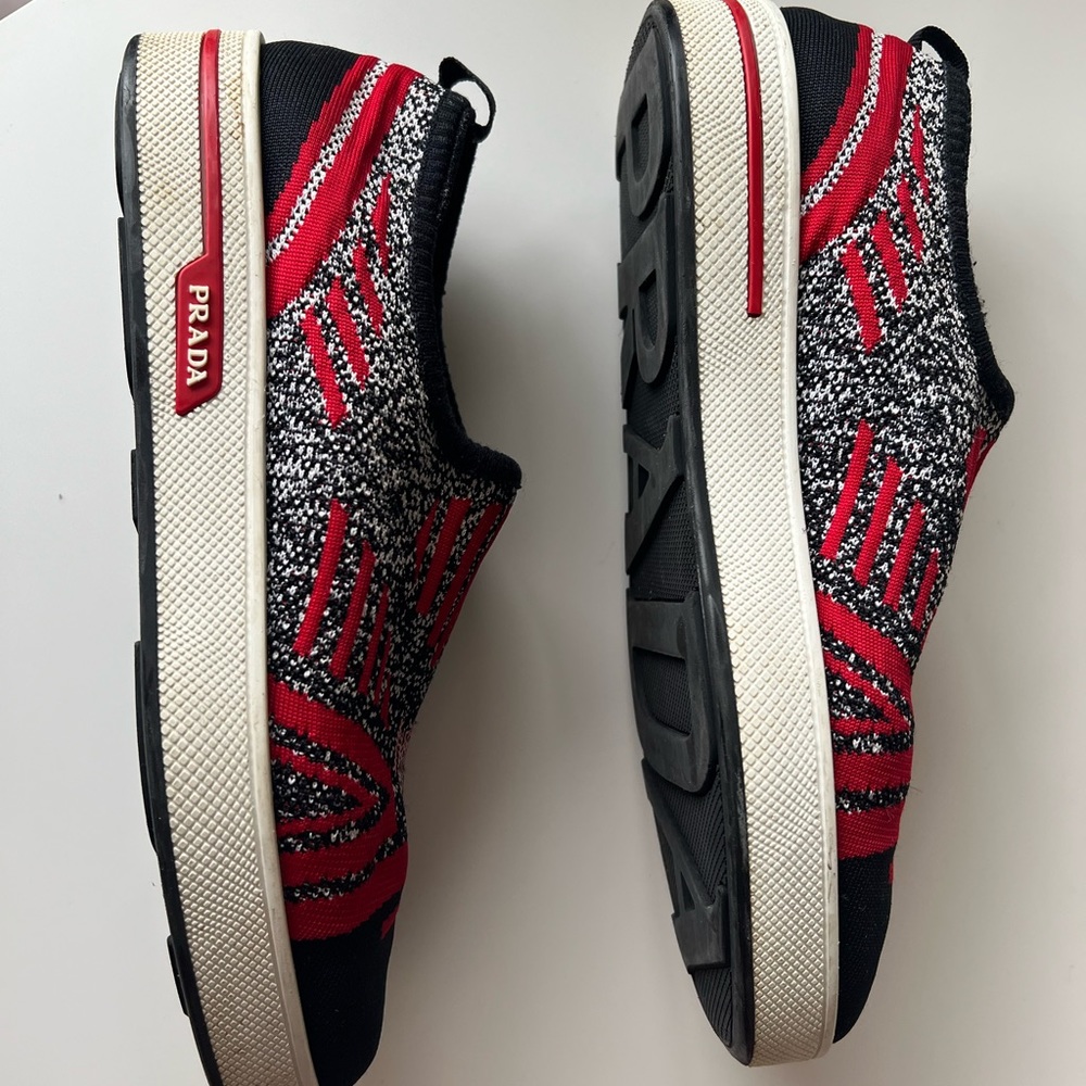 Prada Women's Red and Black Knit Slip-On Sneakers - Picture 6 of 8